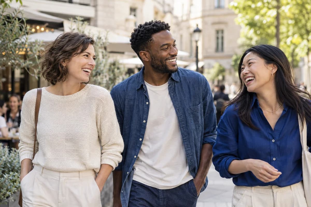 Illustrative photo of three friends laughing together on a walk.